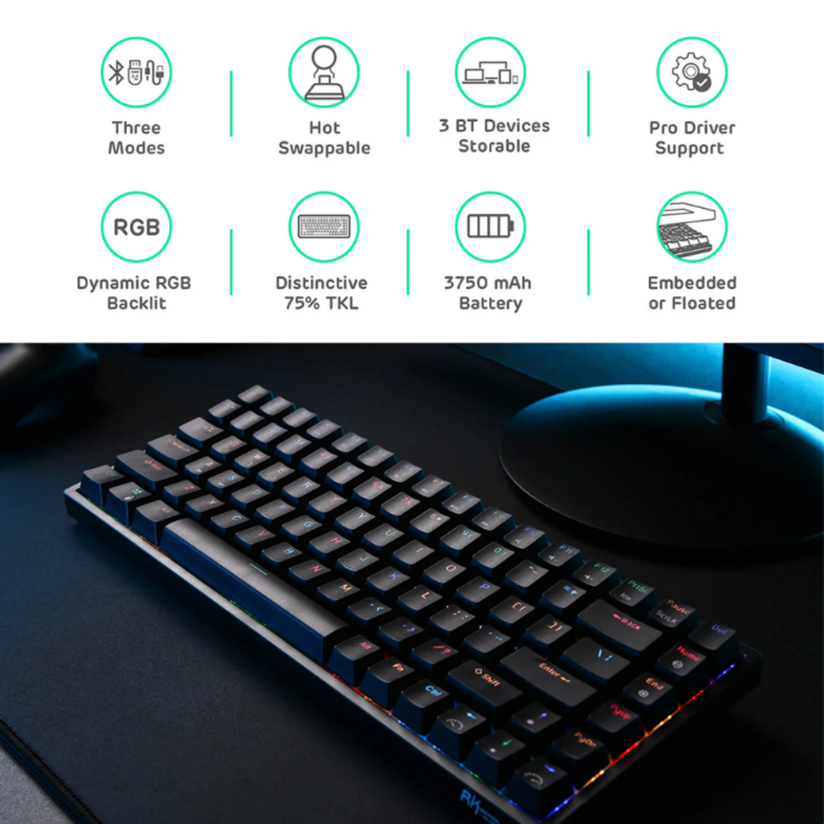 Teclado Mecánico Español Royal Kludge Rk84 Rgb 75%, Switches Red Hot Swap, color negro