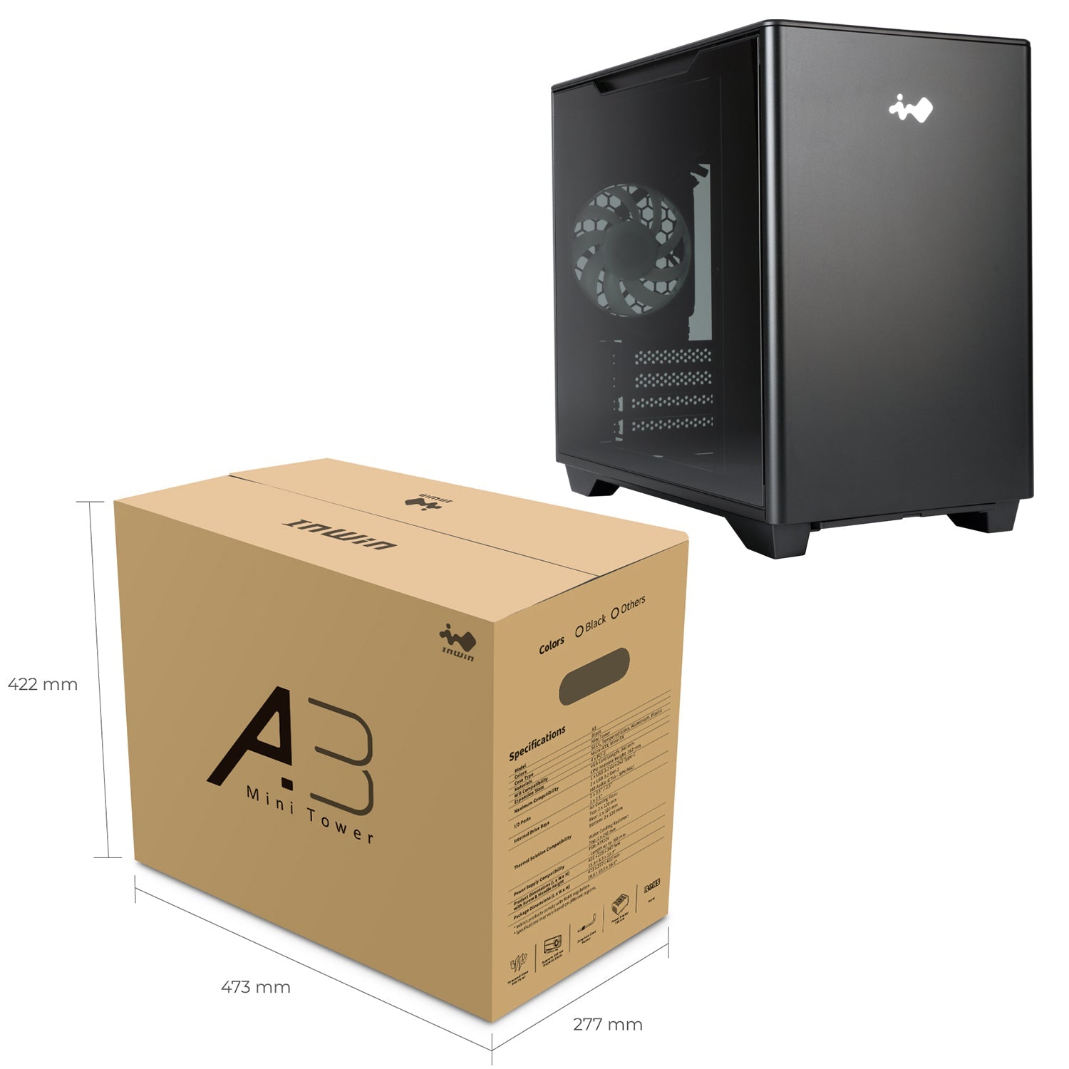Gabinete InWin A3 Mini Tower, Micro-ATX, con 1 ventilador y panel de Cristal Templado, color Negro
